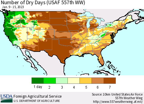 United States Number of Dry Days (USAF 557th WW) Thematic Map For 1/9/2023 - 1/15/2023