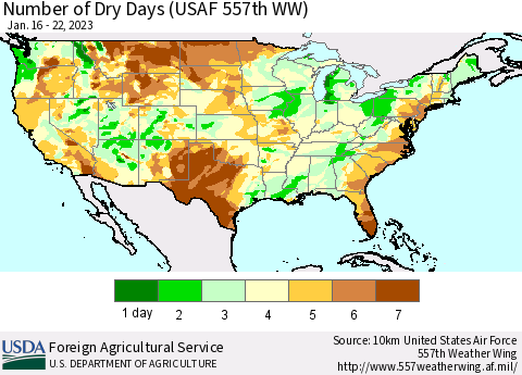United States Number of Dry Days (USAF 557th WW) Thematic Map For 1/16/2023 - 1/22/2023