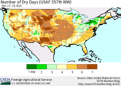 United States Number of Dry Days (USAF 557th WW) Thematic Map For 3/13/2023 - 3/19/2023