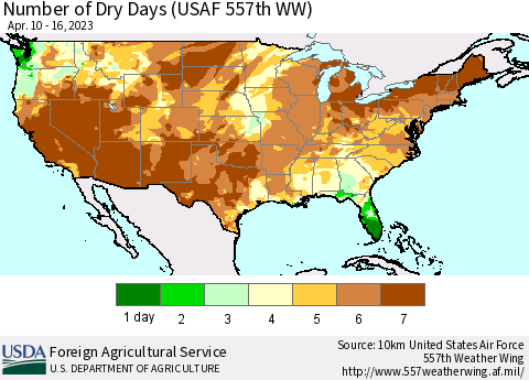 United States Number of Dry Days (USAF 557th WW) Thematic Map For 4/10/2023 - 4/16/2023