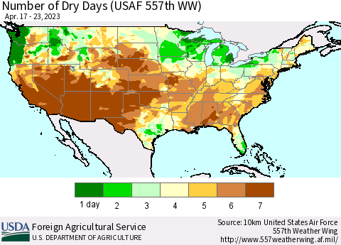 United States Number of Dry Days (USAF 557th WW) Thematic Map For 4/17/2023 - 4/23/2023