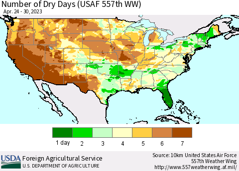 United States Number of Dry Days (USAF 557th WW) Thematic Map For 4/24/2023 - 4/30/2023