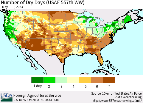 United States Number of Dry Days (USAF 557th WW) Thematic Map For 5/1/2023 - 5/7/2023