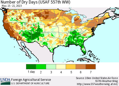 United States Number of Dry Days (USAF 557th WW) Thematic Map For 5/15/2023 - 5/21/2023