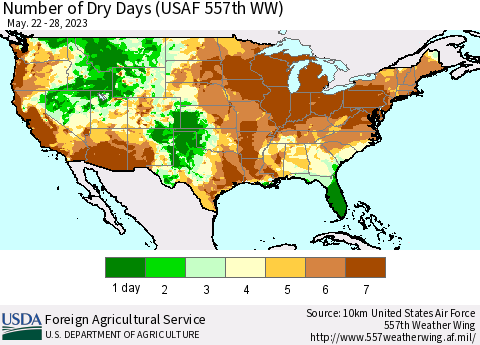 United States Number of Dry Days (USAF 557th WW) Thematic Map For 5/22/2023 - 5/28/2023