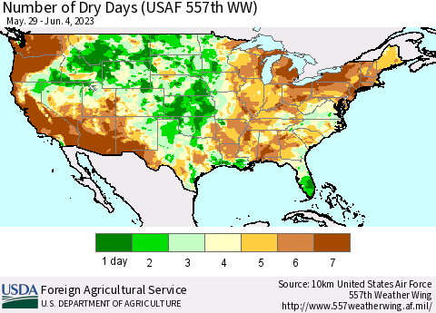 United States Number of Dry Days (USAF 557th WW) Thematic Map For 5/29/2023 - 6/4/2023