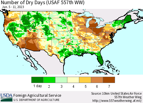 United States Number of Dry Days (USAF 557th WW) Thematic Map For 6/5/2023 - 6/11/2023