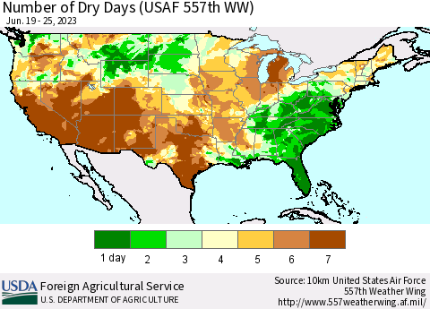 United States Number of Dry Days (USAF 557th WW) Thematic Map For 6/19/2023 - 6/25/2023