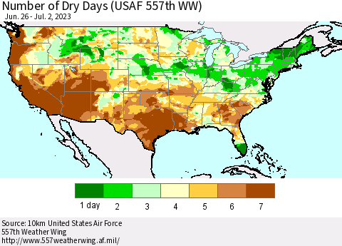 United States Number of Dry Days (USAF 557th WW) Thematic Map For 6/26/2023 - 7/2/2023