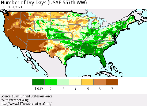 United States Number of Dry Days (USAF 557th WW) Thematic Map For 7/3/2023 - 7/9/2023