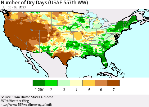 United States Number of Dry Days (USAF 557th WW) Thematic Map For 7/10/2023 - 7/16/2023