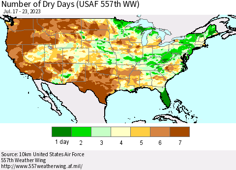 United States Number of Dry Days (USAF 557th WW) Thematic Map For 7/17/2023 - 7/23/2023