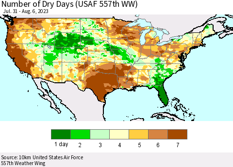 United States Number of Dry Days (USAF 557th WW) Thematic Map For 7/31/2023 - 8/6/2023