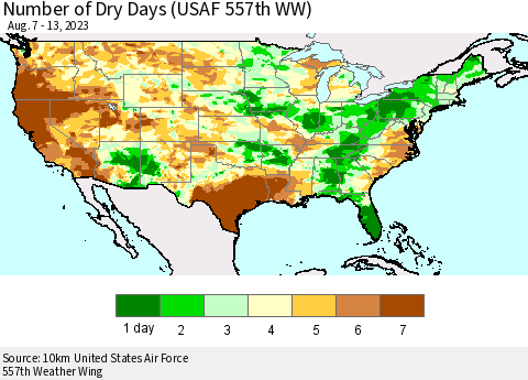 United States Number of Dry Days (USAF 557th WW) Thematic Map For 8/7/2023 - 8/13/2023