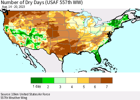 United States Number of Dry Days (USAF 557th WW) Thematic Map For 8/14/2023 - 8/20/2023
