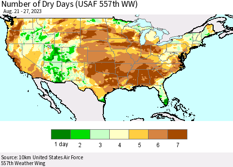 United States Number of Dry Days (USAF 557th WW) Thematic Map For 8/21/2023 - 8/27/2023