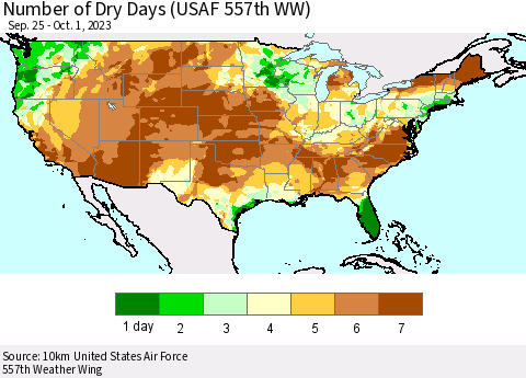 United States Number of Dry Days (USAF 557th WW) Thematic Map For 9/25/2023 - 10/1/2023