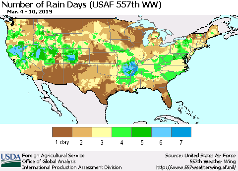 United States Number of Rain Days (USAF 557th WW) Thematic Map For 3/4/2019 - 3/10/2019