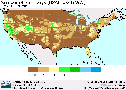 United States Number of Rain Days (USAF 557th WW) Thematic Map For 3/18/2019 - 3/24/2019