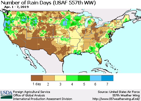 United States Number of Rain Days (USAF 557th WW) Thematic Map For 4/1/2019 - 4/7/2019