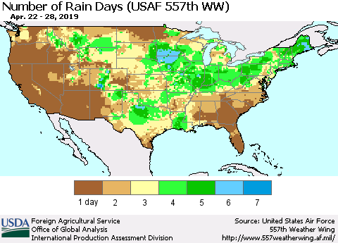 United States Number of Rain Days (USAF 557th WW) Thematic Map For 4/22/2019 - 4/28/2019