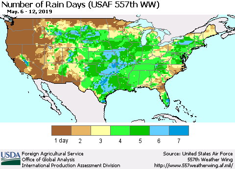 United States Number of Rain Days (USAF 557th WW) Thematic Map For 5/6/2019 - 5/12/2019