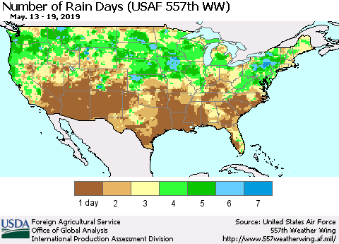 United States Number of Rain Days (USAF 557th WW) Thematic Map For 5/13/2019 - 5/19/2019