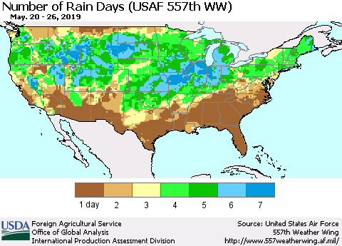 United States Number of Rain Days (USAF 557th WW) Thematic Map For 5/20/2019 - 5/26/2019