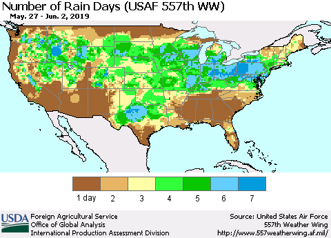 United States Number of Rain Days (USAF 557th WW) Thematic Map For 5/27/2019 - 6/2/2019