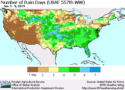 United States Number of Rain Days (USAF 557th WW) Thematic Map For 6/3/2019 - 6/9/2019