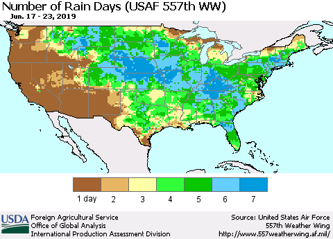 United States Number of Rain Days (USAF 557th WW) Thematic Map For 6/17/2019 - 6/23/2019