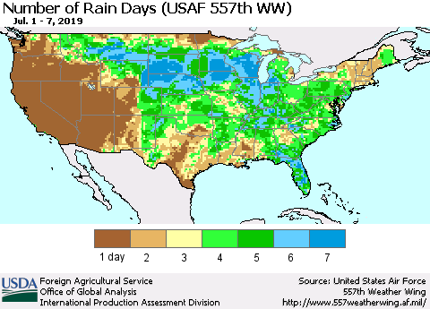 United States Number of Rain Days (USAF 557th WW) Thematic Map For 7/1/2019 - 7/7/2019