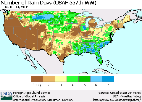 United States Number of Rain Days (USAF 557th WW) Thematic Map For 7/8/2019 - 7/14/2019