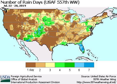 United States Number of Rain Days (USAF 557th WW) Thematic Map For 7/22/2019 - 7/28/2019
