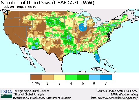 United States Number of Rain Days (USAF 557th WW) Thematic Map For 7/29/2019 - 8/4/2019