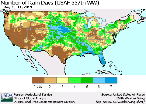 United States Number of Rain Days (USAF 557th WW) Thematic Map For 8/5/2019 - 8/11/2019