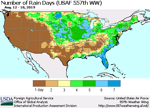 United States Number of Rain Days (USAF 557th WW) Thematic Map For 8/12/2019 - 8/18/2019