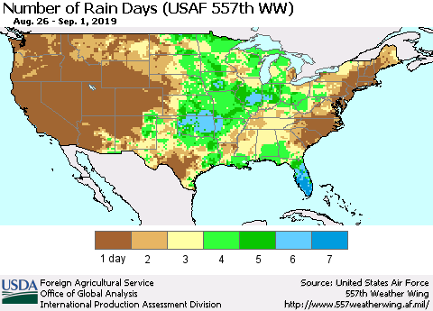 United States Number of Rain Days (USAF 557th WW) Thematic Map For 8/26/2019 - 9/1/2019