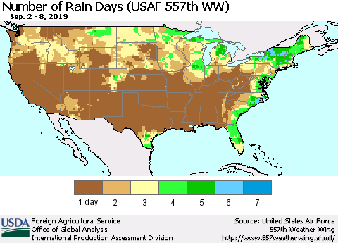 United States Number of Rain Days (USAF 557th WW) Thematic Map For 9/2/2019 - 9/8/2019