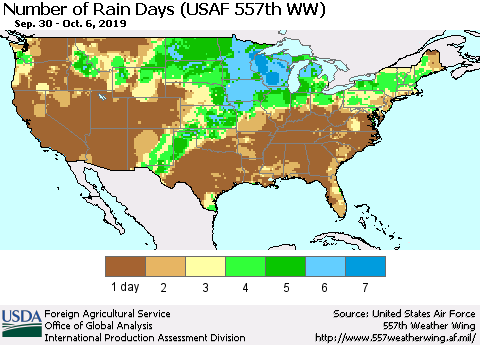 United States Number of Rain Days (USAF 557th WW) Thematic Map For 9/30/2019 - 10/6/2019