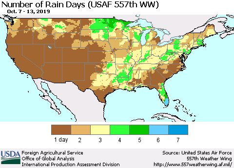 United States Number of Rain Days (USAF 557th WW) Thematic Map For 10/7/2019 - 10/13/2019