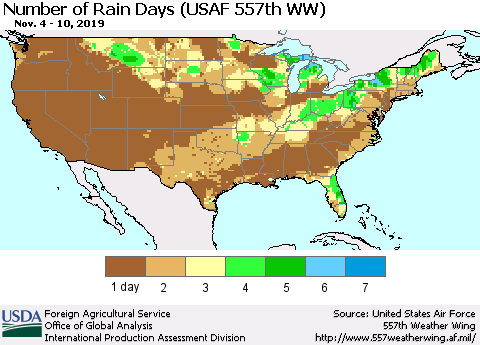 United States Number of Rain Days (USAF 557th WW) Thematic Map For 11/4/2019 - 11/10/2019