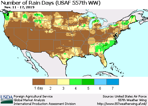 United States Number of Rain Days (USAF 557th WW) Thematic Map For 11/11/2019 - 11/17/2019