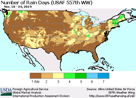 United States Number of Rain Days (USAF 557th WW) Thematic Map For 11/18/2019 - 11/24/2019