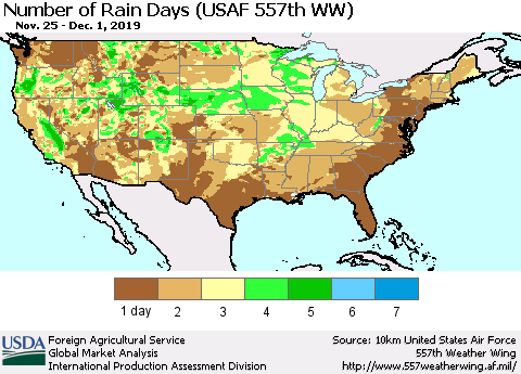 United States Number of Rain Days (USAF 557th WW) Thematic Map For 11/25/2019 - 12/1/2019
