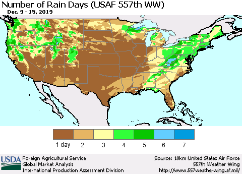 United States Number of Rain Days (USAF 557th WW) Thematic Map For 12/9/2019 - 12/15/2019