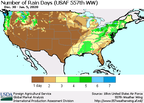 United States Number of Rain Days (USAF 557th WW) Thematic Map For 12/30/2019 - 1/5/2020
