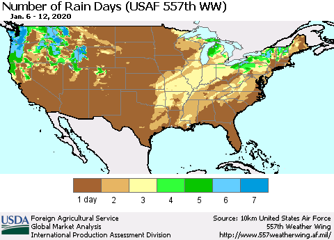 United States Number of Rain Days (USAF 557th WW) Thematic Map For 1/6/2020 - 1/12/2020