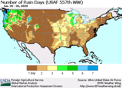 United States Number of Rain Days (USAF 557th WW) Thematic Map For 1/20/2020 - 1/26/2020