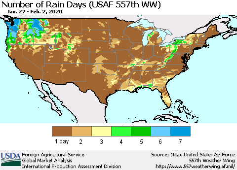 United States Number of Rain Days (USAF 557th WW) Thematic Map For 1/27/2020 - 2/2/2020